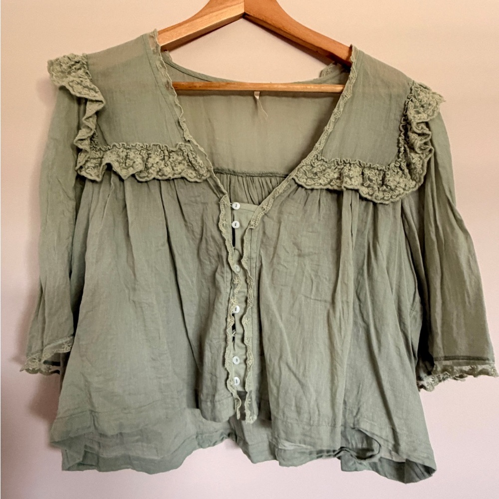 Free People Olive Green Ruffle Button-Front Blouse